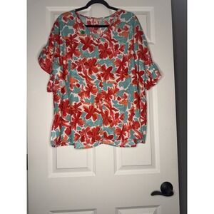 Hailey And Co Boho Sleeve Floral V Neck Top 2xl White Red Green Orange